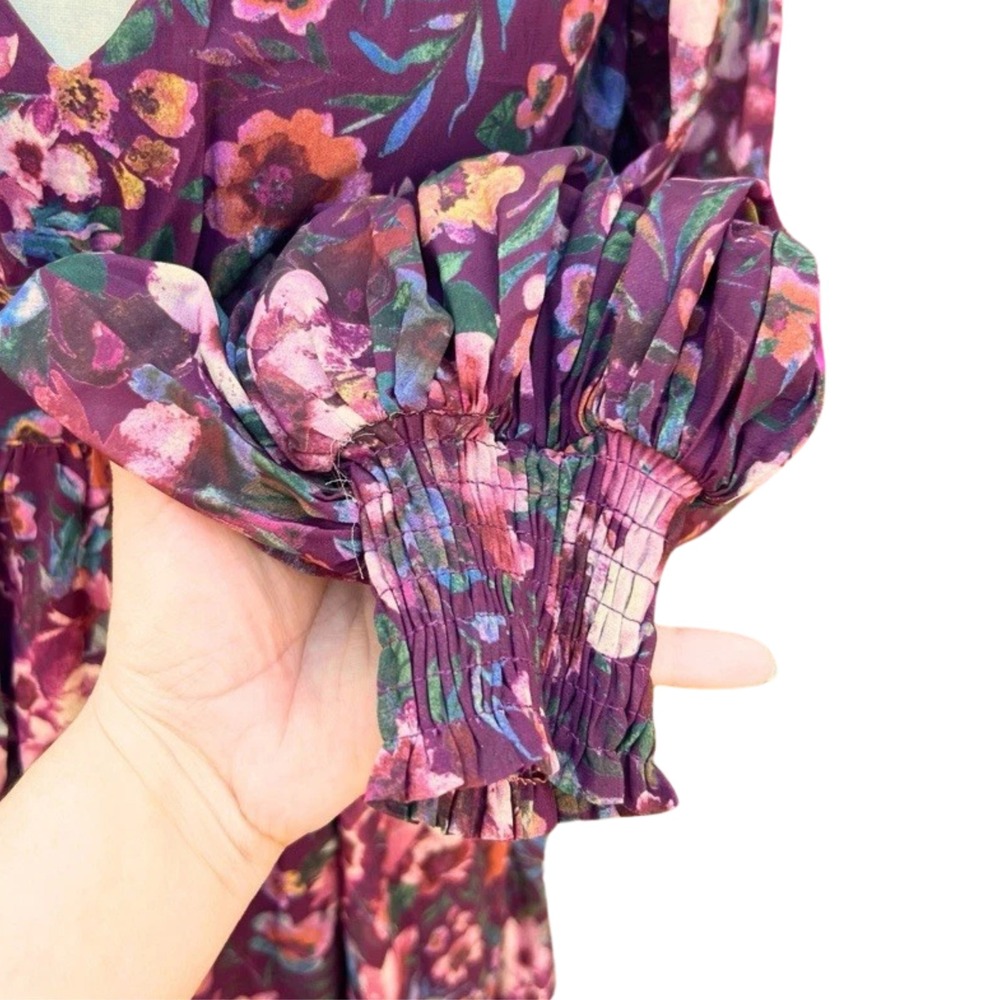 Aura Maxi Dress Colorful Floral XS V-Neck Empire Waist Balloon Sleeve Prairie - Picture 10 of 13